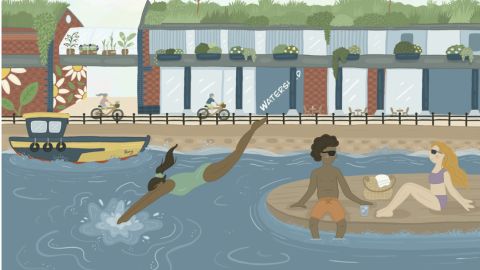 Illustration of Watershed with greenery growing on the roof, and swimmers on a platform in the water.