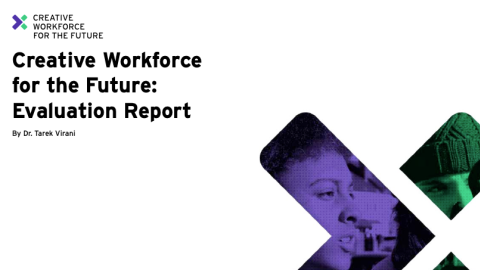 White coloured report cover with its title, the projects logo and a close up image of a person holding a glowing triangle