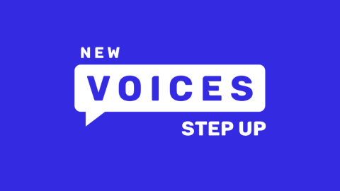 Dark blue background with New Voices logo in white, with the caption: mentoring for working-class filmmakers