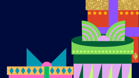 Colorful geometric illustration of stacked gift boxes with ribbons, bows, dots, stripes, and rainbow patterns on a navy background.