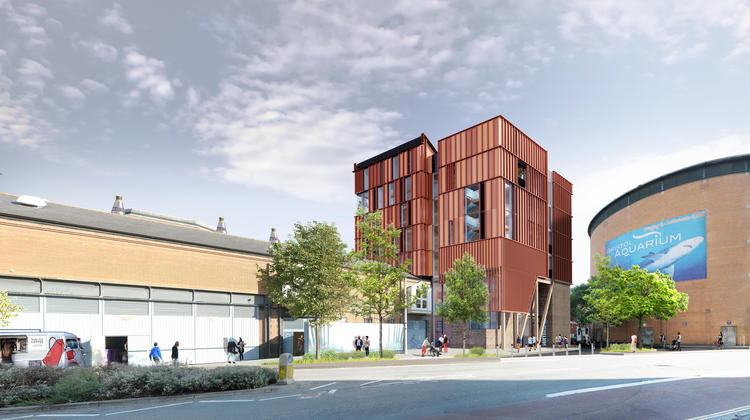 Daytime view of Watershed with visualisation of new building.