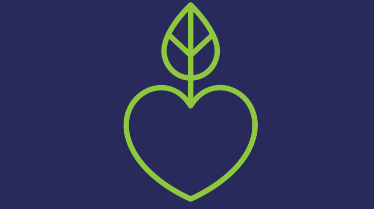 A line art image of a green heart and leaf on a dark blue background