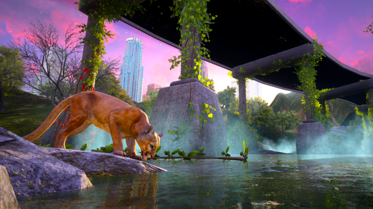 A cougar drinking from a river under a modern, vine-covered bridge amidst lush greenery. A city skyline is visible in the background under a vibrant sunset sky.