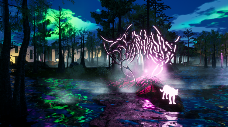 A mystical forest at night with glowing neon lights in purple and green. A foggy, reflective lake surrounds trees, and a silhouette of a cougar stands on a rock.