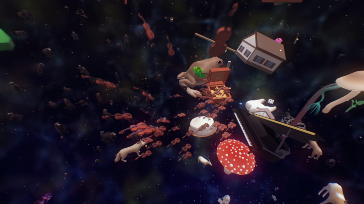 A surreal cosmic scene with floating objects like a house, piano, and mushroom. Bears, fiddles, and random items drift in a starry, dream-like space.