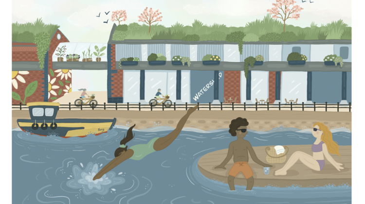 A colourful illustration of Watershed's victorian dockside warehouse building with imagined planting on the roof, window boxes and people relaxing in the harbour