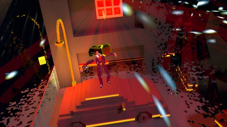 A look inside Impulse: Playing with Reality a character has jumped on top of a car, the scene is multi-coloured and there are spot lights beamed across the screen.