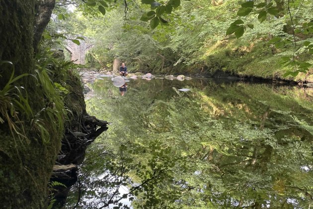 A serene river surrounded by lush greenery, reflecting trees and rocks, with a person sitting on a stone by the water's edge.