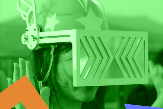 A person wearing a helmet with star designs and winged sides dons a futuristic visor in a green-tinted scene. Abstract shapes add a playful touch.