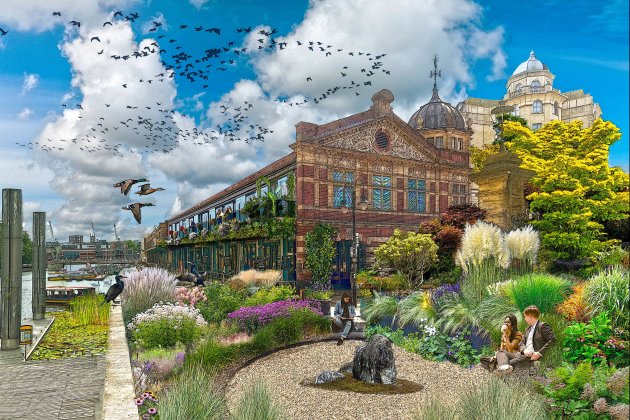 An artistic interpretation of Watershed Wild and Generous, the Watershed building is surrounded by green planting. There are birds in the sky and a water feature in the foreground.