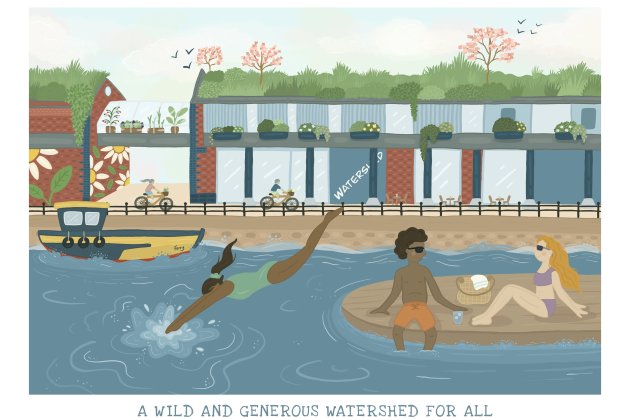 Watershed building in the background - with the harbourside water at the fore and people enjoying the sun and diving into the water