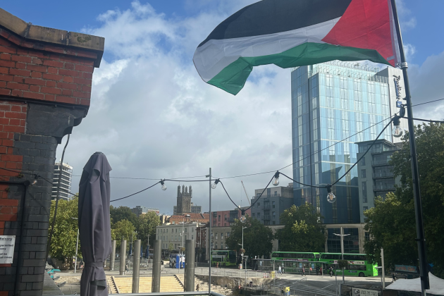 The Palestine flag flying from Watershed's balcony. 