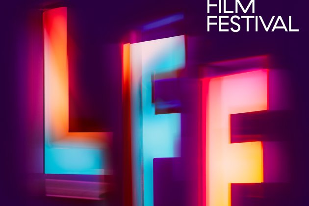 BFI London Film Festival poster featuring glowing, blurred "LFF" letters in vibrant neon colors against a dark purple background.