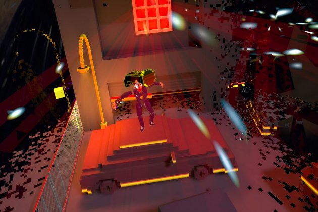 a character has jumped on top of a car, the scene is taking place in a stylised digital world, multi-coloured with dynamic lights
