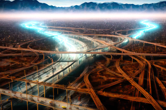 Aerial view of intricate freeway interchanges with glowing, futuristic light trails, set against a backdrop of distant mountains and a misty horizon.
