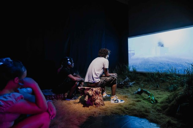 Audience members sit in a dark, grass-covered installation watching a bright projected landscape.