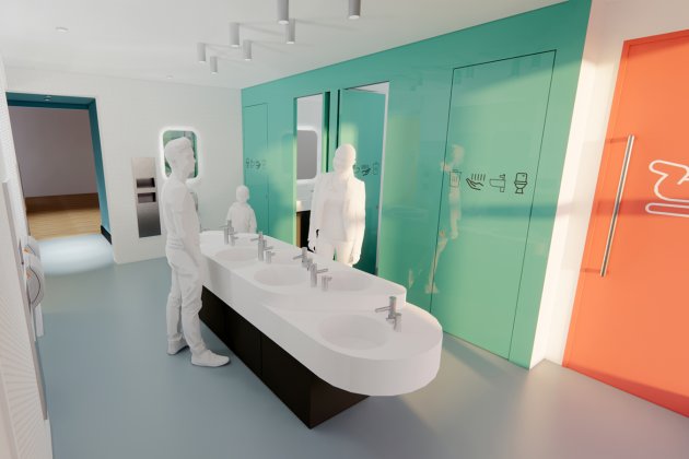 Visualisation of a toilet room with a man, woman and child standing at a shared basin