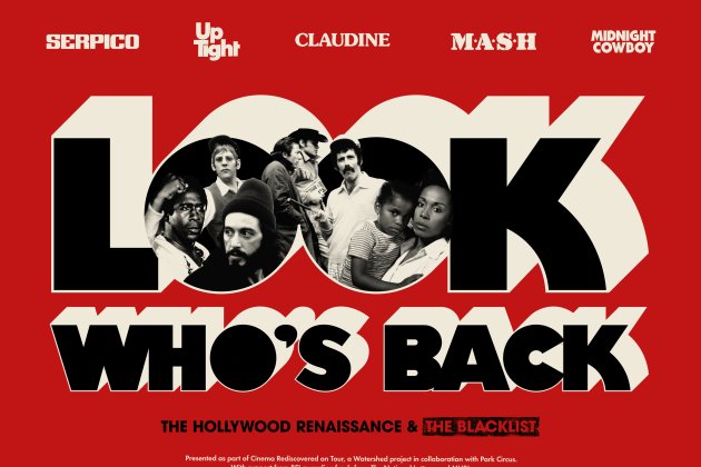 Film poster for Cinema Rediscovered 2023 tour, with a red background the words Look Who's Back