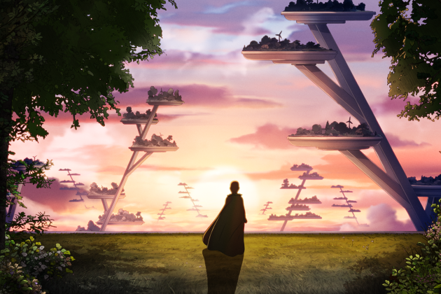 A silhouette of boy in a cape looking off at an evening sunset.