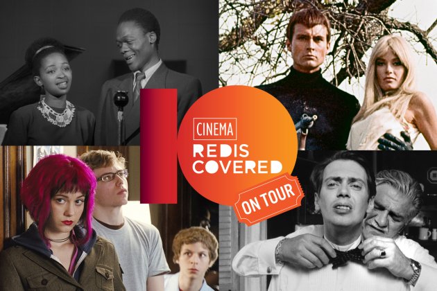 Collage of iconic film scenes surrounding a red and orange "Cinema Rediscovered On Tour" logo.