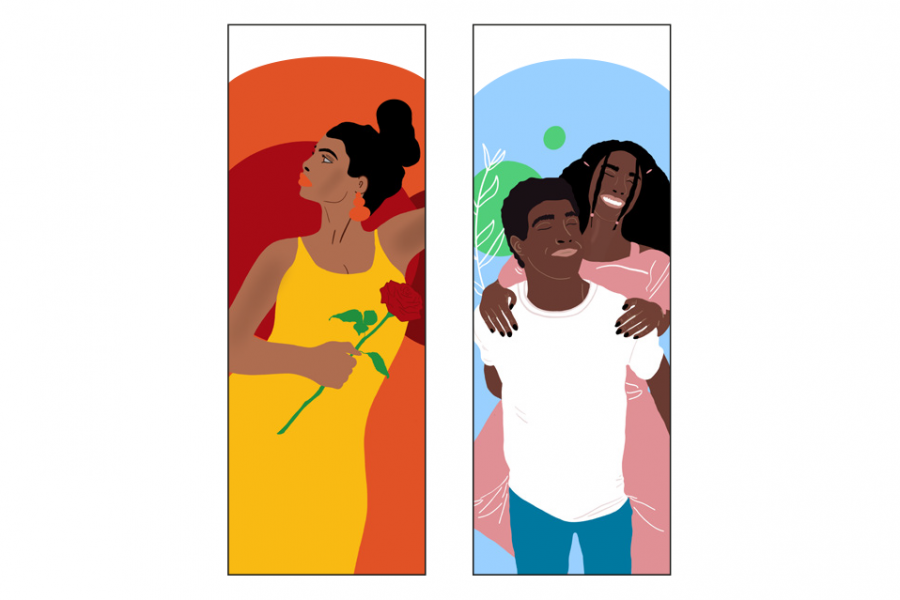 Abstract illustration of a character holding a rose and another of two happy characters, one piggy-backing another