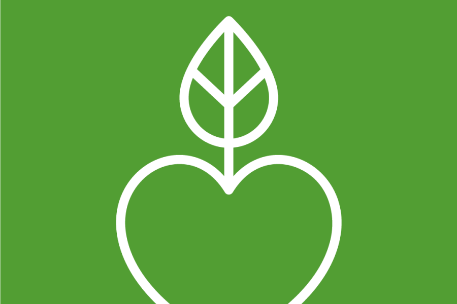 A simple illustration of a green heart and leaf combined to represent the environment