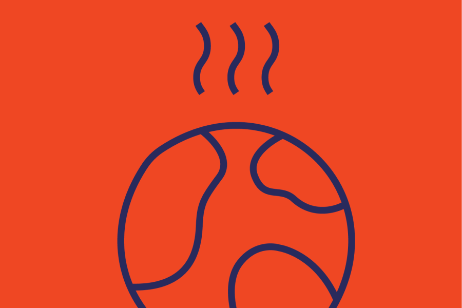 An image with a red background and a simple line drawing of planet each with heatwaves coming off of it