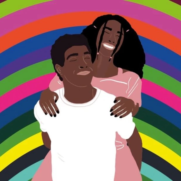Illustration of two people smiling, one giving the other a piggyback.