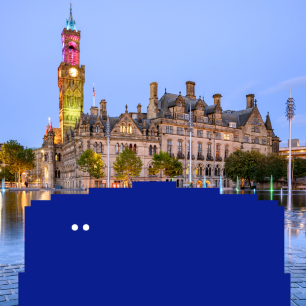 A big blue character is in the middle of Bradford city centre.