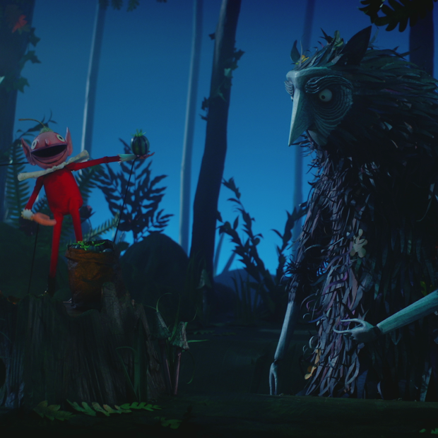 A whimsical still from an animated short film, in an enchanted forest features a puppet character in red offering a plant to a large, feathered creature. The mood is mystical.