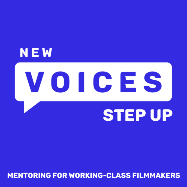 Dark blue background with New Voices logo in white, with the caption: mentoring for working-class filmmakers