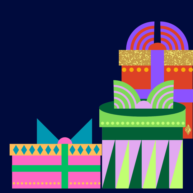 Colorful geometric illustration of stacked gift boxes with ribbons, bows, dots, stripes, and rainbow patterns on a navy background.