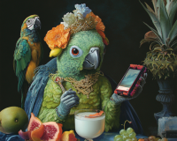 A regal parrot adorned with a floral crown and golden necklace holds a smartphone, sitting at a table with fruit, conveying an amusingly royal tone.
