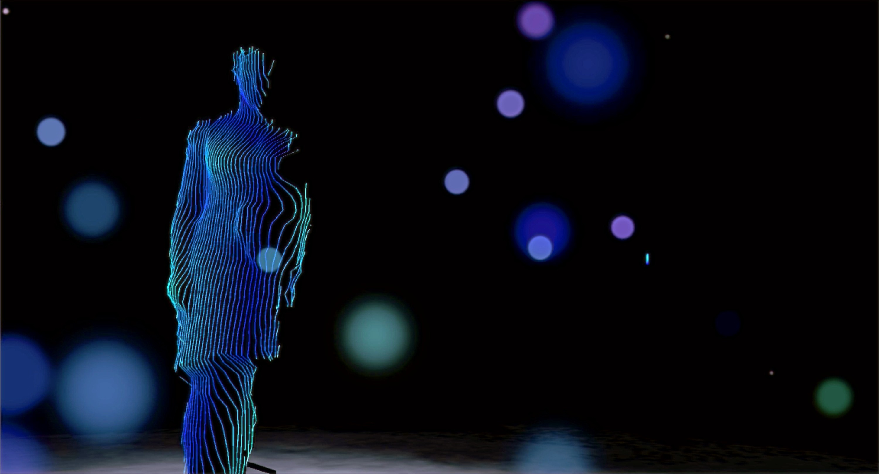 Screenshot from an early iteration of Let's Talk, VR documentary. A blue, generative figure can be seen amongst a vast, dark space with ethereal floating orbs.