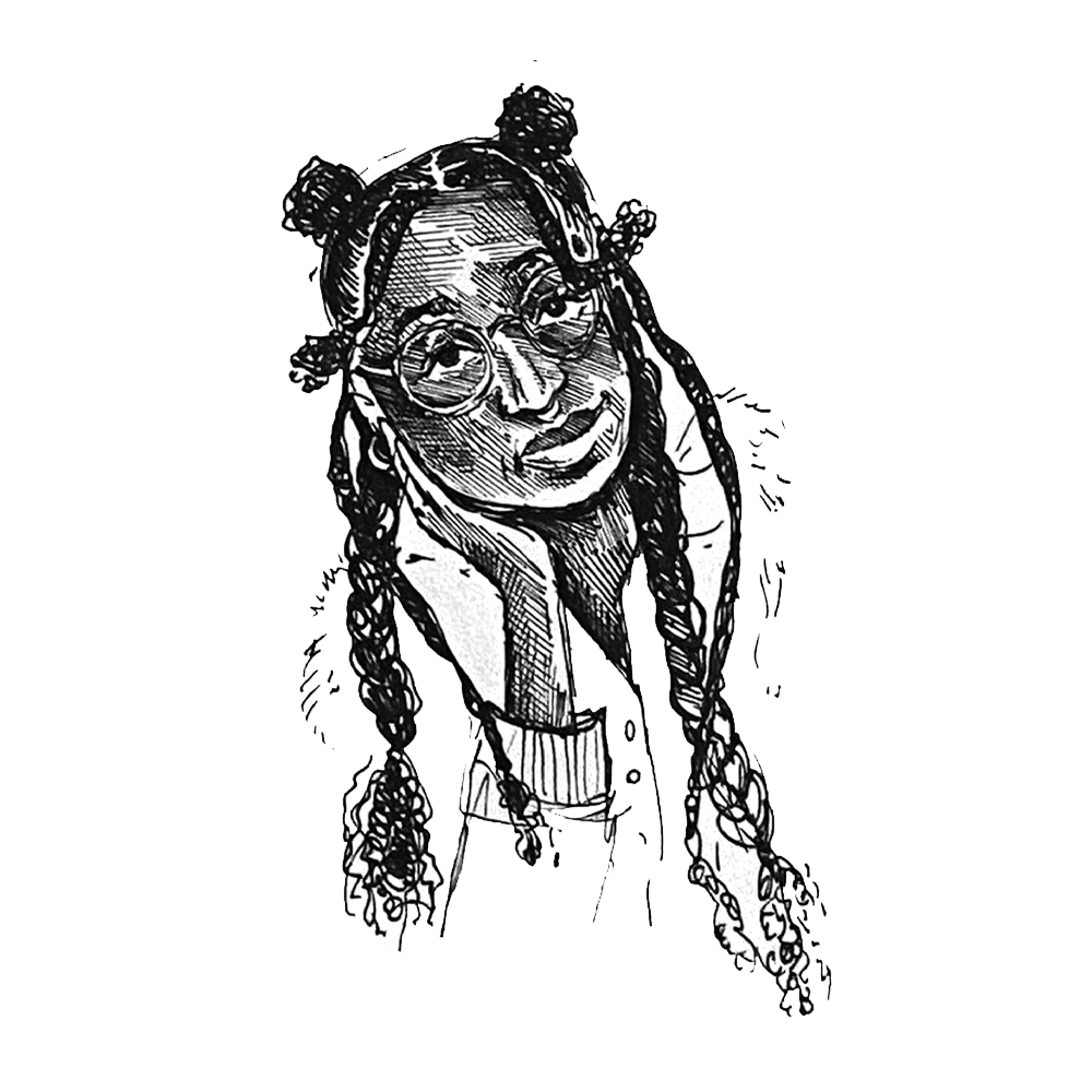 Drawing of a Black woman leaning onto her palm. She's wearing glasses and has her hair in braids, with some bantu knots.