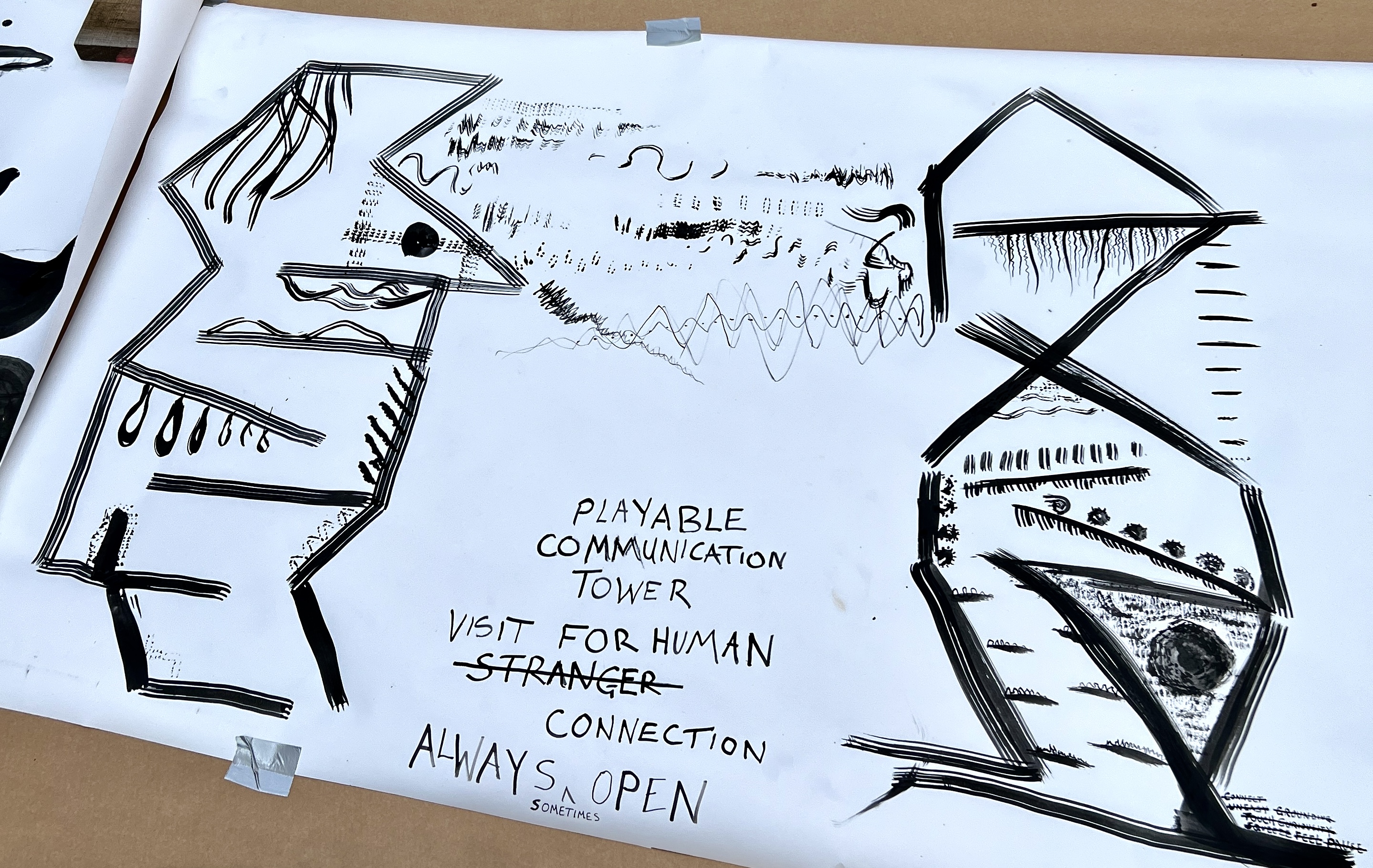 A large white piece of paper with a black ink drawing of two playable communication towers of the future consisting of several floors and abstract shapes. There are sound ways beaming from the top floor of each tower connecting the two together. 
