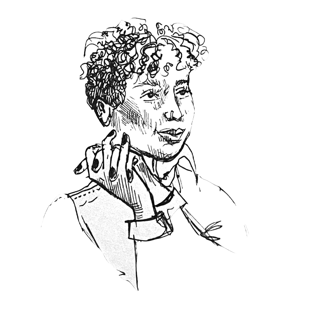 Drawing of a young white person with short curly hair, smiling, and with their hands clasped at the side of their face.