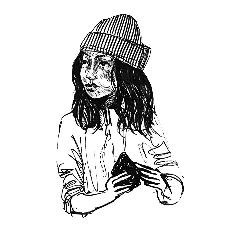 Drawing of a Chinese woman, wearing a beanie and playing with some play dough.