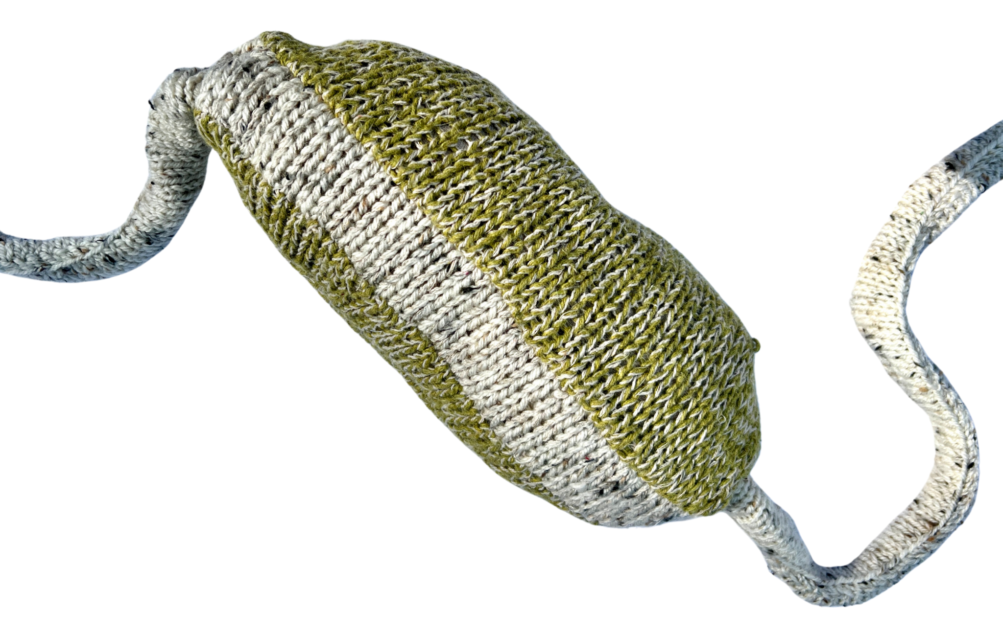 Knitted stretched oval shape being in green and cream speckled wool with a tube coming from each end
