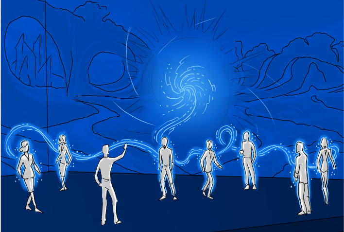 Concept Art from a large-scale, interactive, AR mural. Figures can be seen infront of a large-scale mural. The mural appears to be coming to life with an ethereal glow, which is then connecting to the group of individuals.