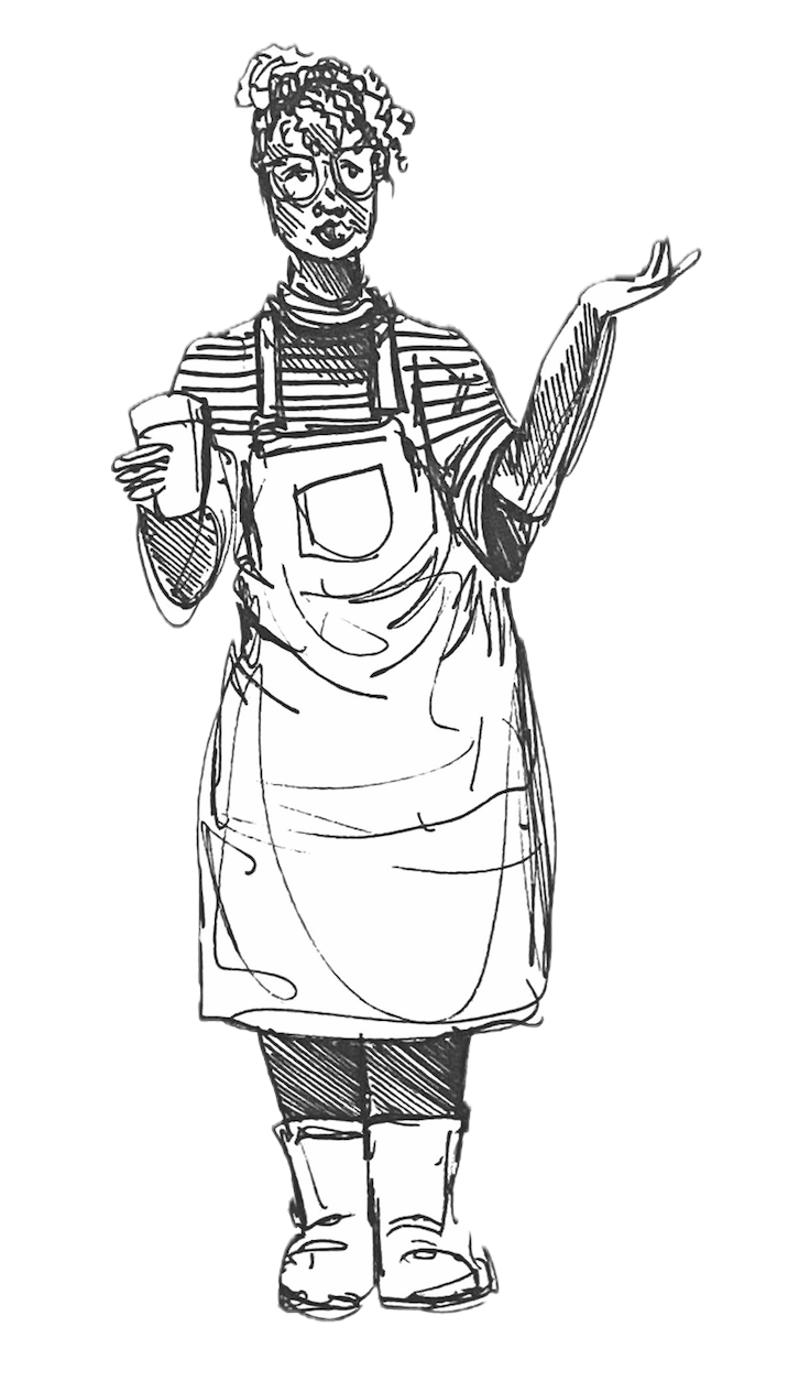 Drawing of a Black woman, wearing glasses and her hair in a messy bun. One arm is raised with her palm open in the air, while her other hand holds a disposable coffee cup.