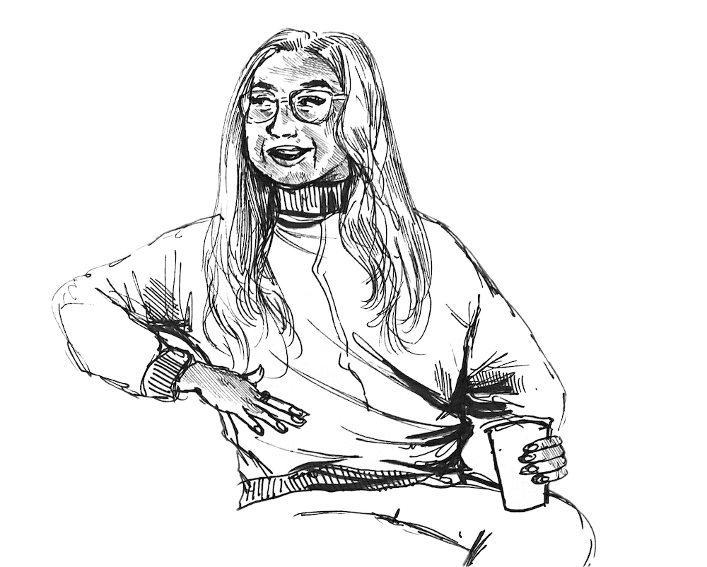 Drawing of a white woman wearing glasses and a puffer jacket, talking, and holding a disposable coffee cup in one hand.