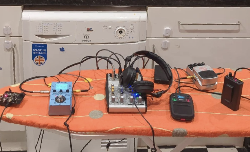 audio equipment on an ironing board