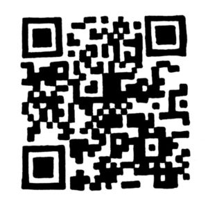 Hand drawn black  and white QR code on a white background, designed for scanning with a smartphone to access digital content.