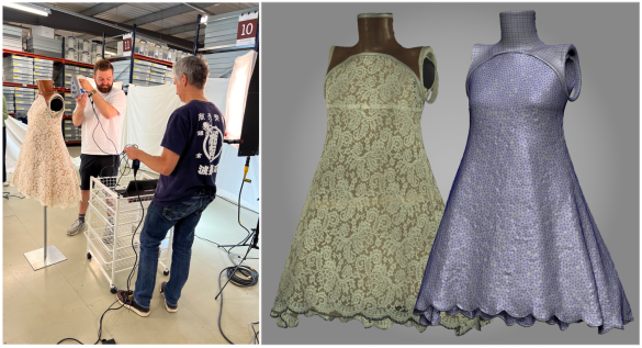 Two people using a high end 3D hand scanner on a lace Steve McQueen Dress