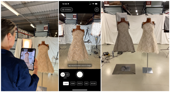 Polycam scanning of 1999 Alexander Mcqueen Dress of the Year, Augmented Reality version of the dress next to the original