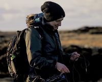 Alison recording sound in the Hebrides, Scotland. 