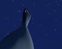 Image of a leg in a video game against a night sky