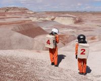 Image of artists Ella Good and Nicki Kent at the Mars Desert Research Station in Utah. 