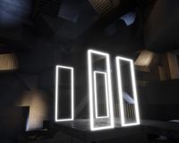 Image of a dark room with four white, lit up thin rectangle structures in the center